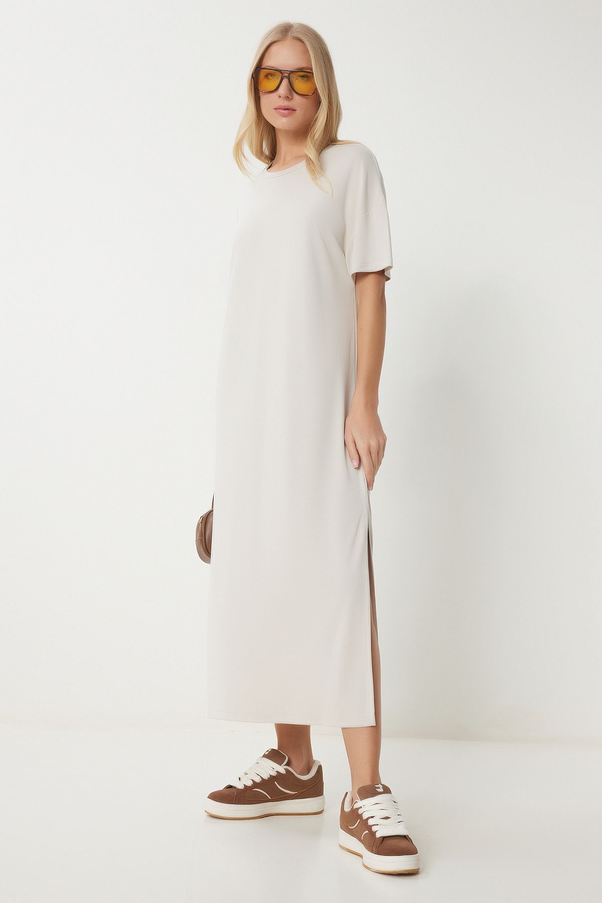 Krem Oversize Basic Yazlık Örme Elbise UB00299