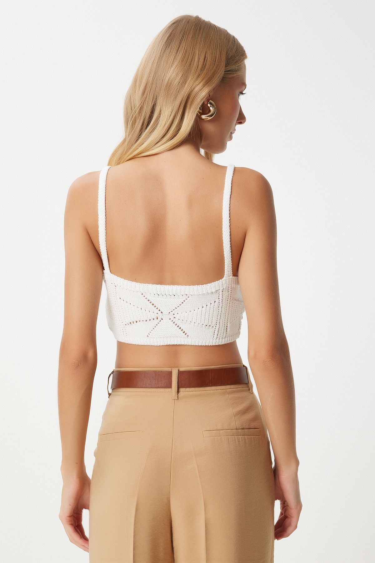 Ekru İnci Detaylı Ajurlu Crop Triko Bluz  FN03366