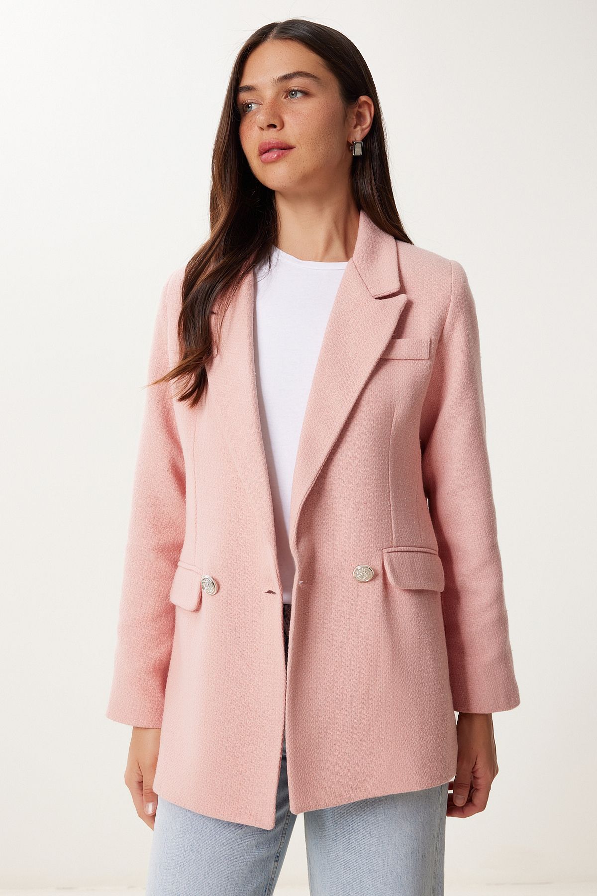 Pembe Vatkalı Şık Düğmeli Tüvit Blazer Ceket XL00005