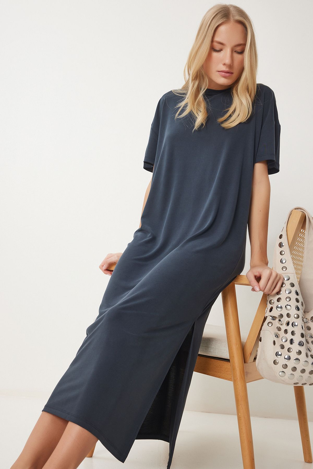 Antrasit Oversize Basic Yazlık Örme Elbise UB00299