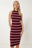 Bordo Çizgili Yazlık Triko Bodycon Elbise NS00442