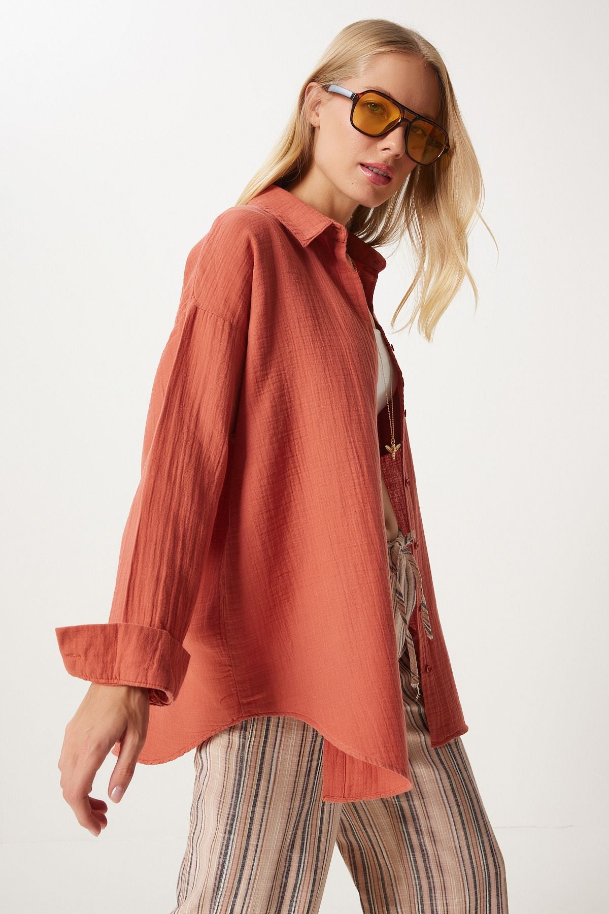 Şeftali Oversize Basic Müslin Gömlek  MX00150