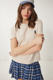 Krem Ayıcık İşlemeli Pamuklu Örme T-Shirt CR00455