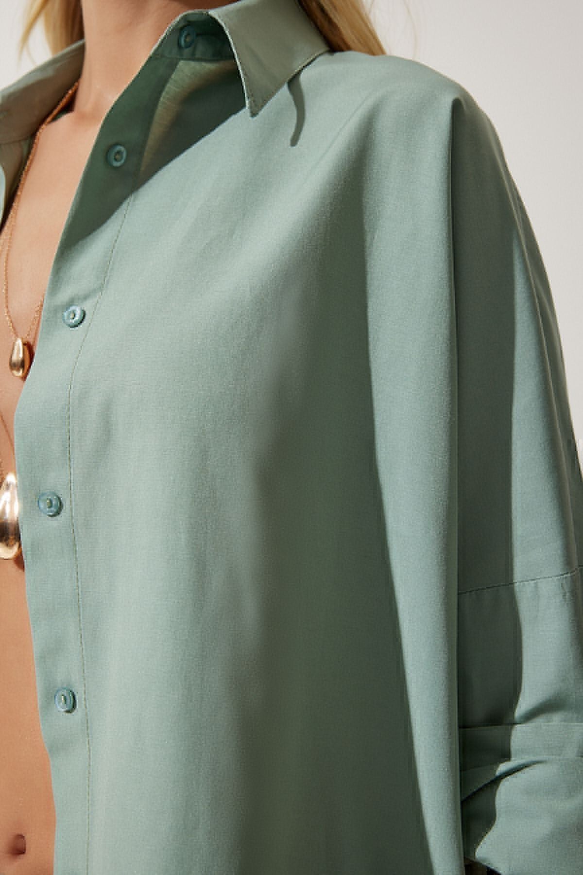 Çağla Yeşili Oversize Uzun Basic Gömlek DD00842