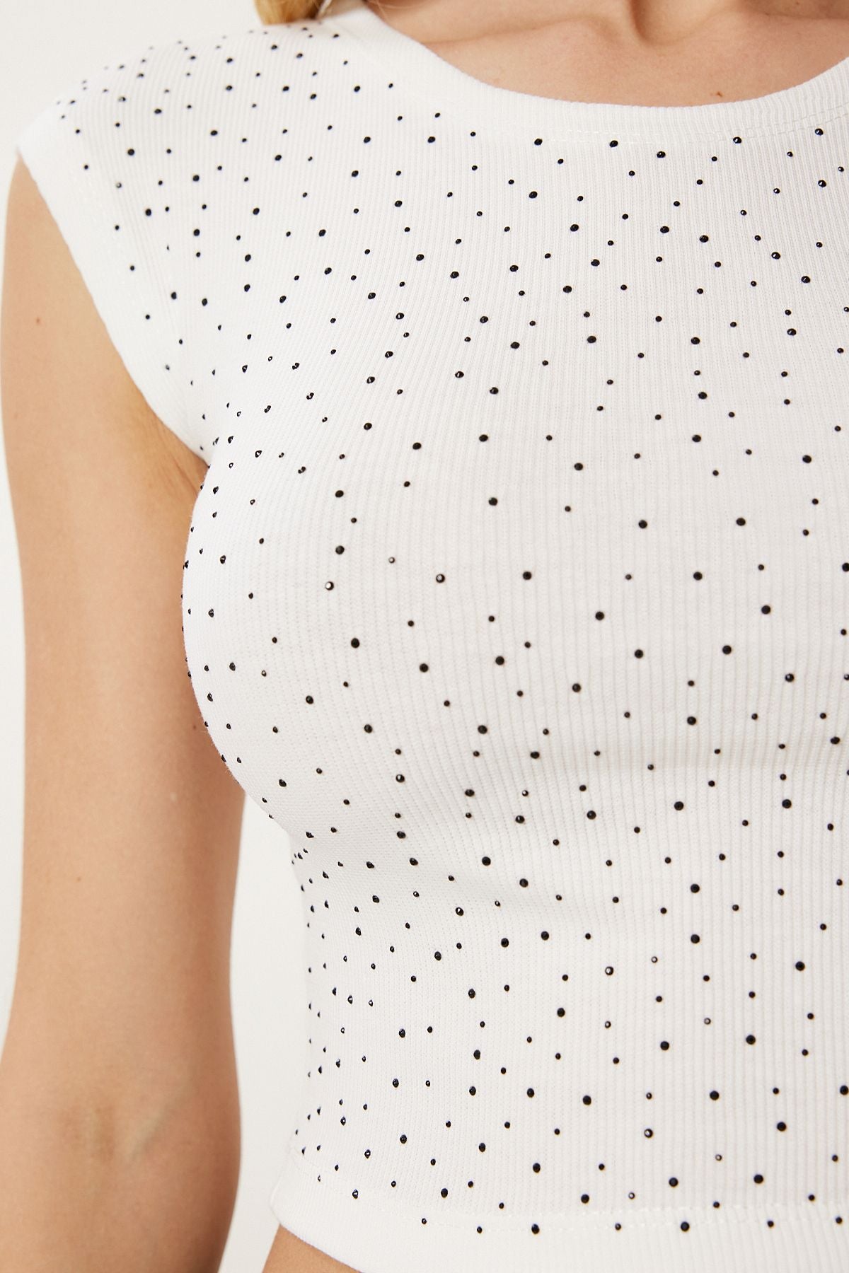 Ekru Taş Detaylı Crop Fitilli Örme Bluz MX00194