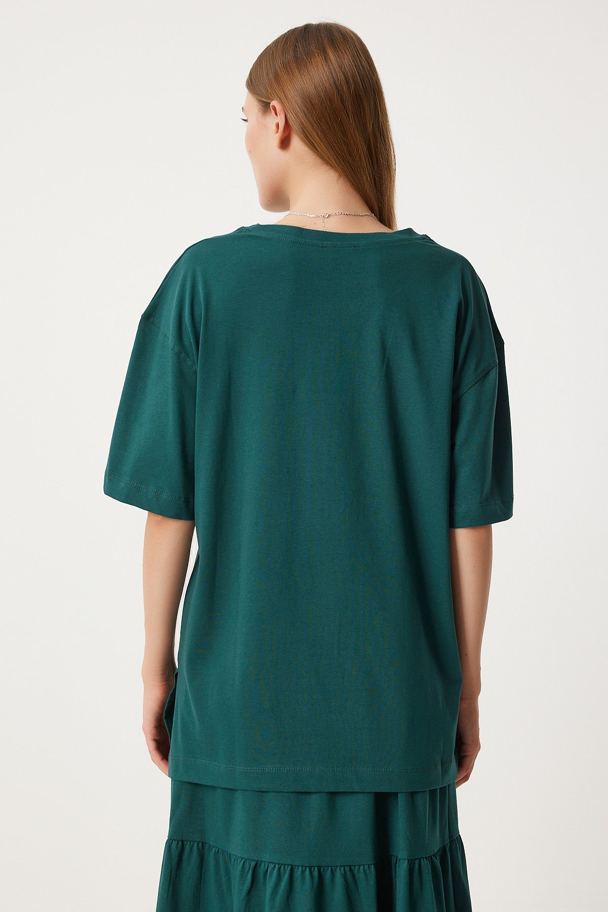 Zümrüt Yeşili Oversize T-Shirt Volanlı Örme Etek Takım UB00291