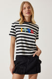 Siyah Beyaz Baskılı Çizgili Örme  T-Shirt AN00181