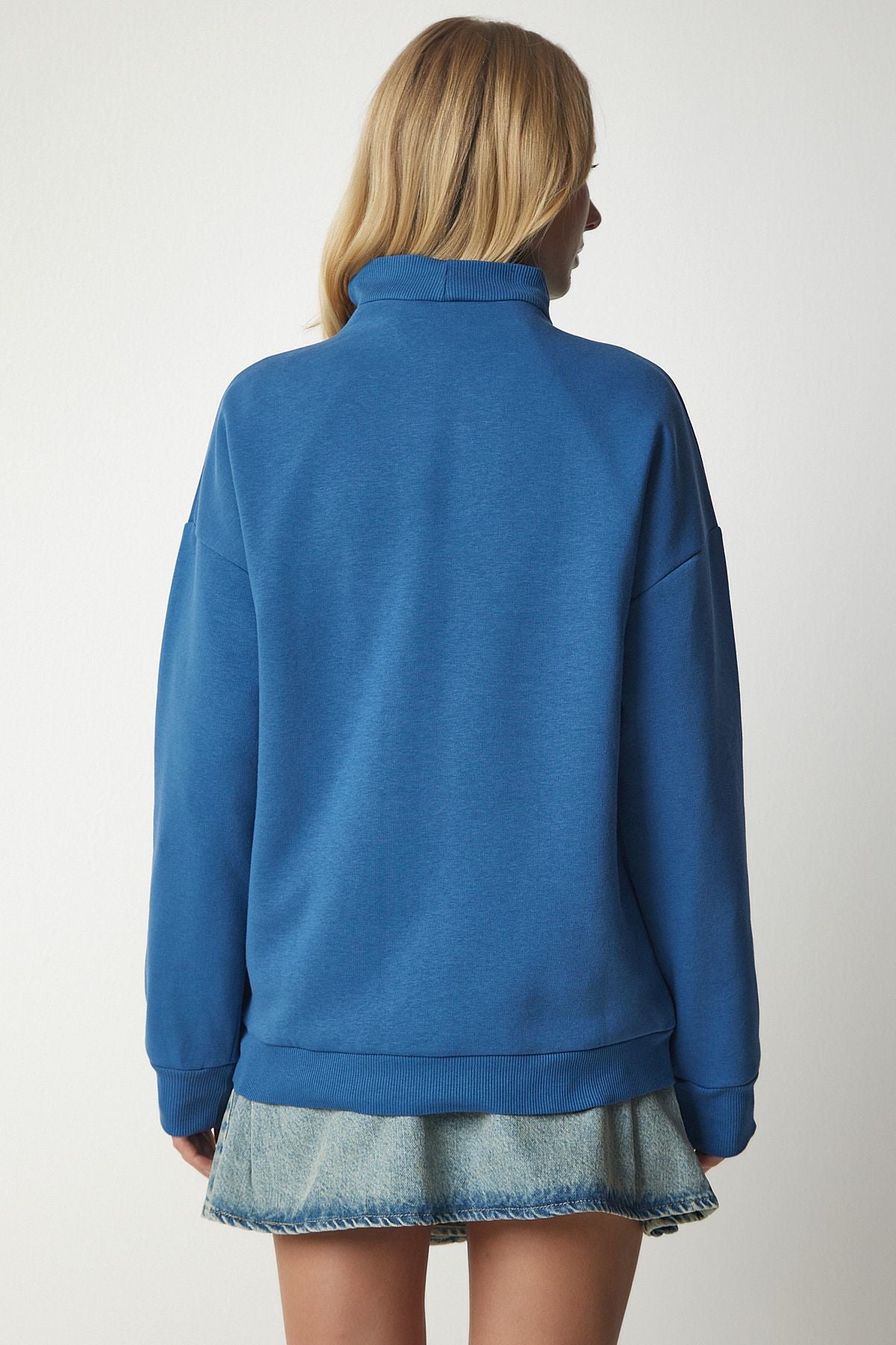 İndigo Mavi Dik Yaka Basic Şardonlu Sweatshirt UB00166