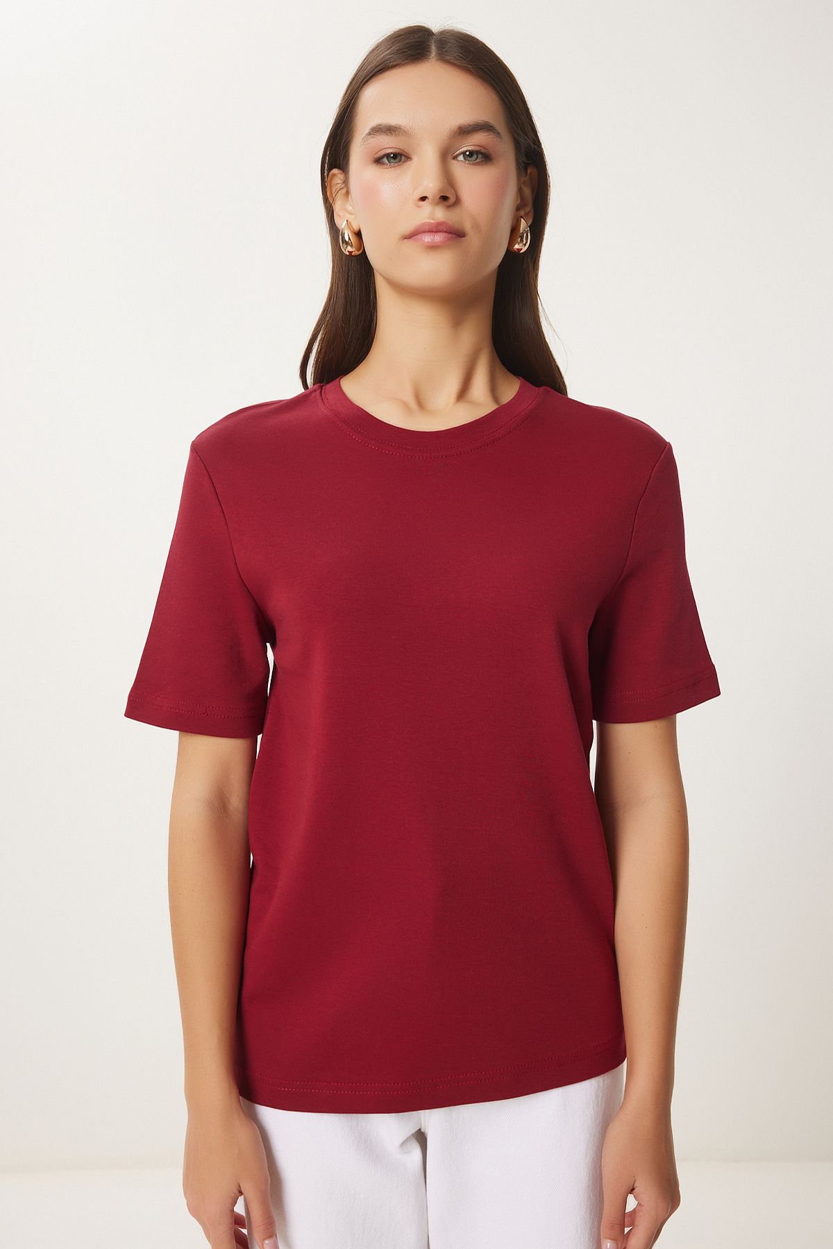 Bordo Kahverengi 2'Li Paket Pamuklu Basic Örme T-Shirt AG00002