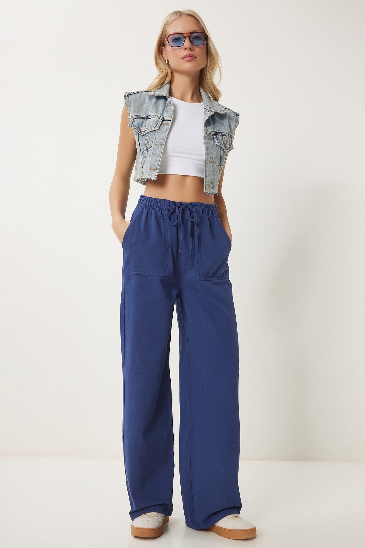 Kobalt Mavi Soluk Efektli Geniş Paça Denim Palazzo Pantolon MX00179