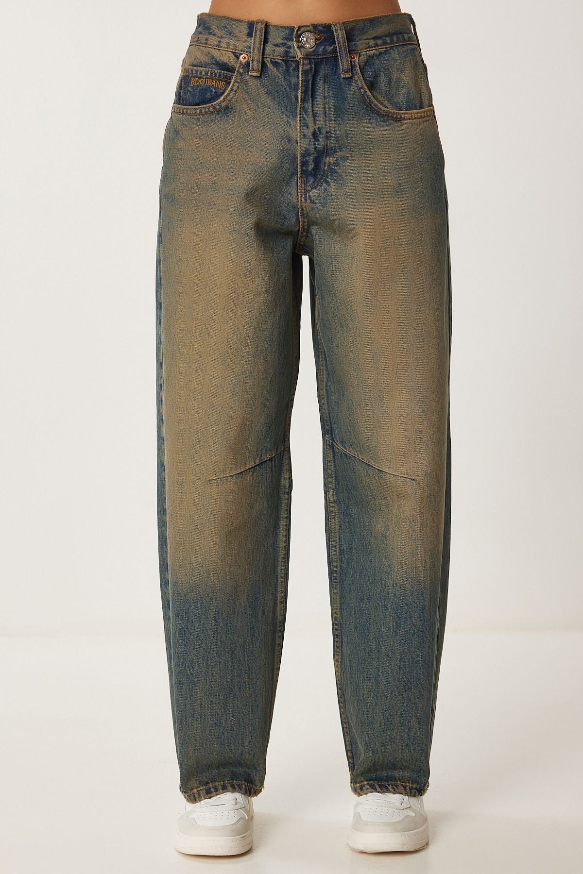 Koyu Mavi Yüksek Bel Soluk Efektli Baggy Jeans UT00027