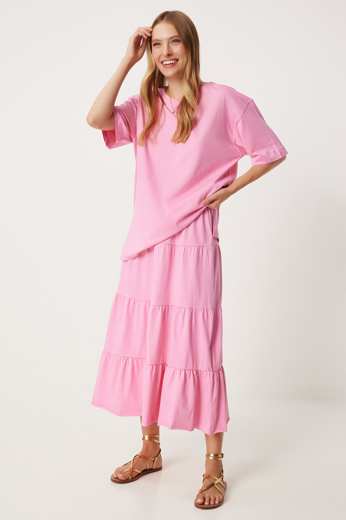 Pembe Oversize T-Shirt Volanlı Örme Etek Takım UB00291