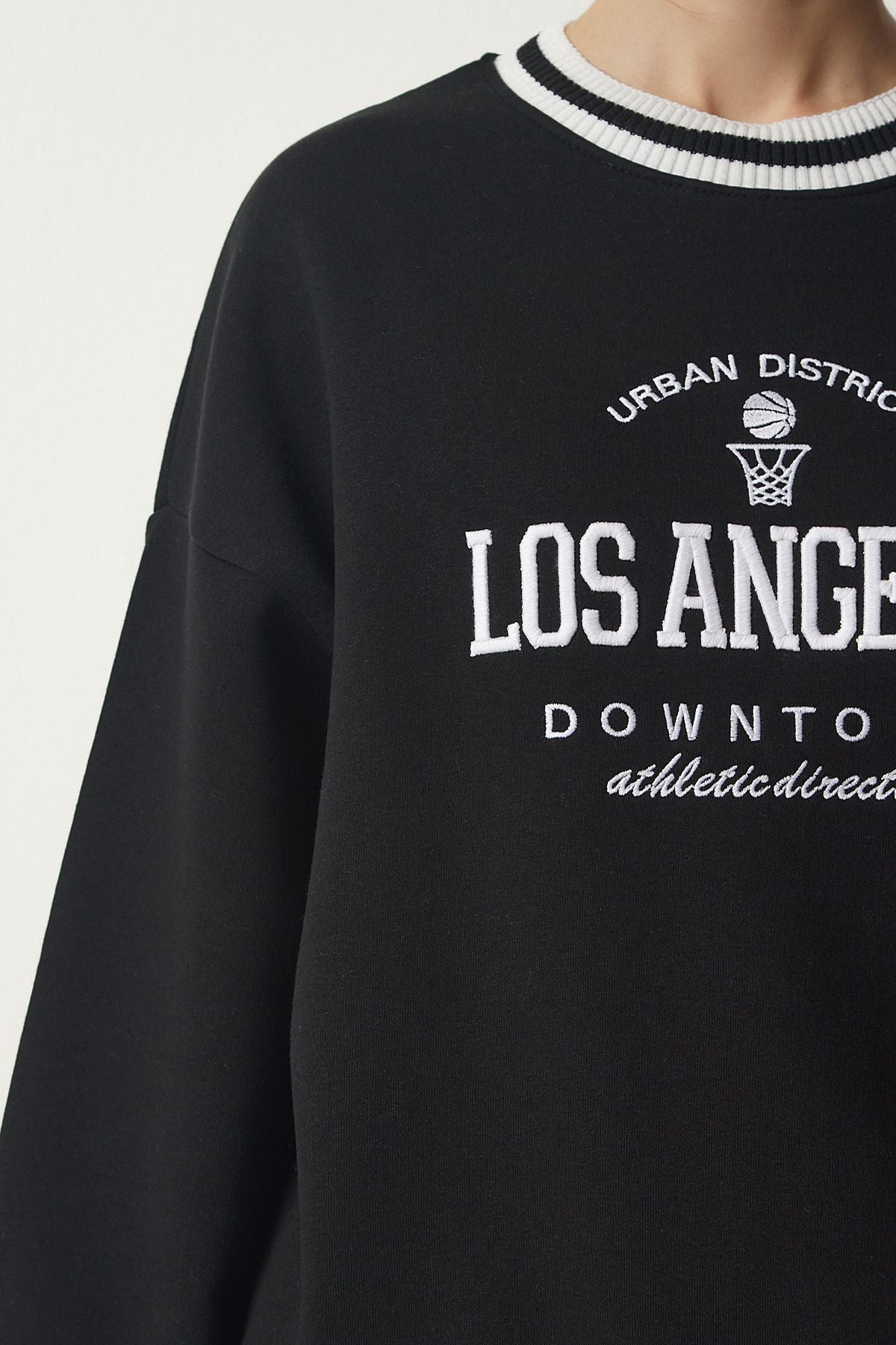Siyah Nakışlı Şardonlu Örme Sweatshirt HF00447