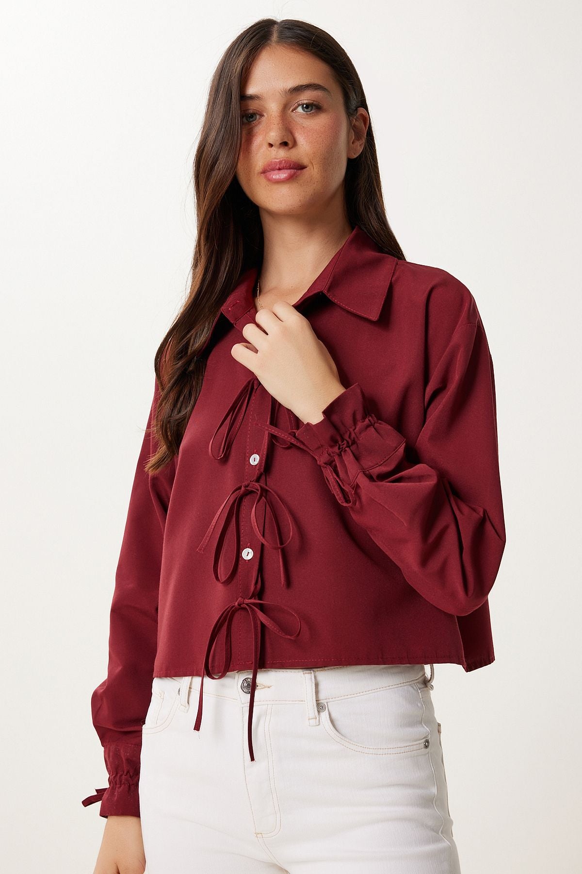 Bordo Bağlama Detaylı Crop Dokuma Gömlek BV00178