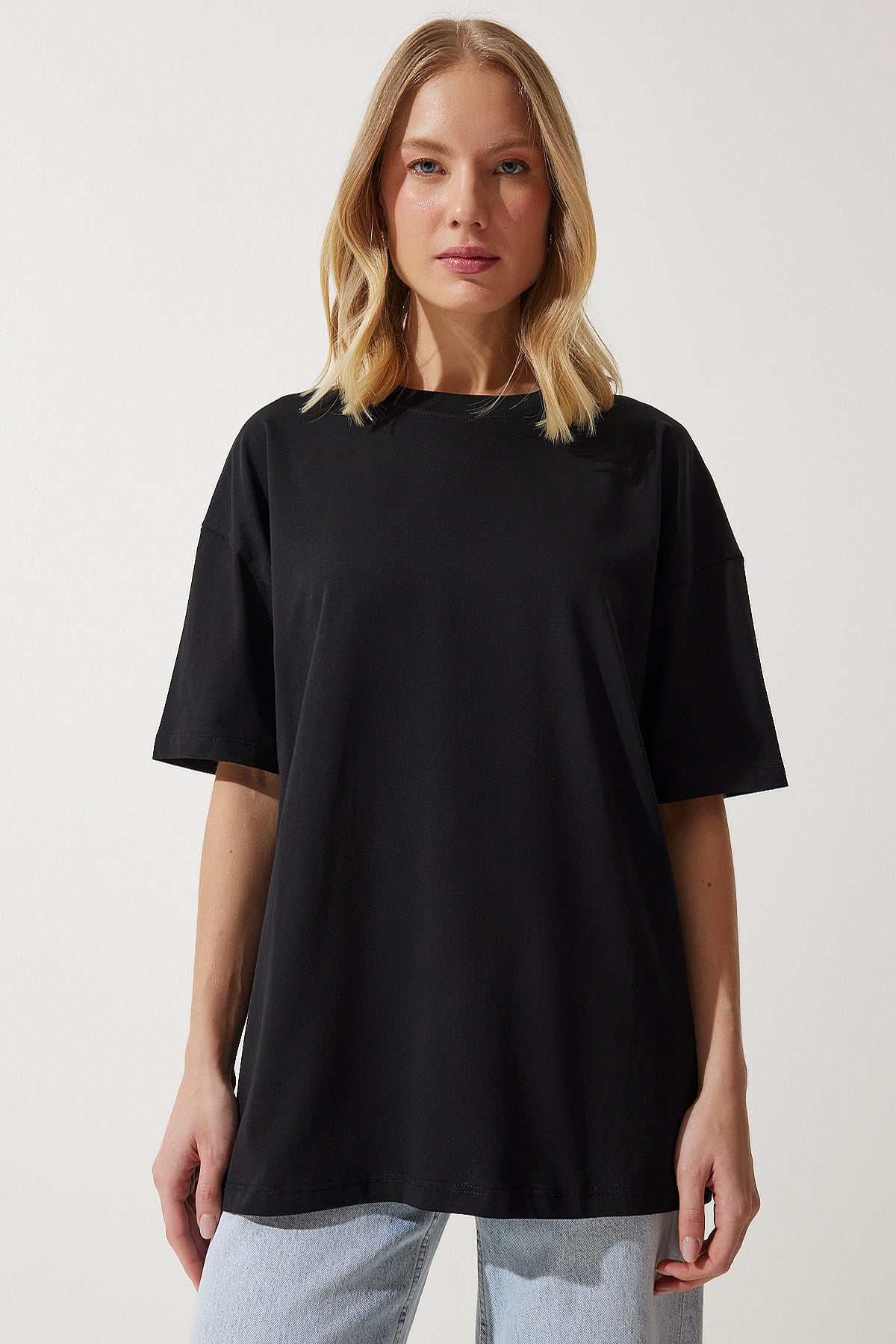 Siyah Bisiklet Yaka Basic Oversize Örme T-Shirt BF00091