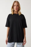 Siyah Bisiklet Yaka Basic Oversize Örme T-Shirt BF00091