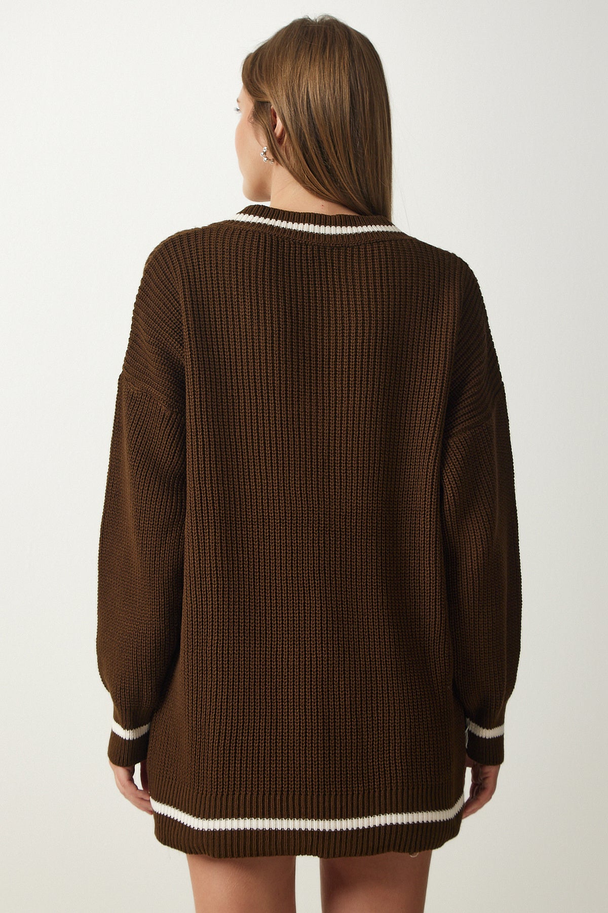 Kahverengi V Yaka Oversize Uzun Triko Kazak  BP00140