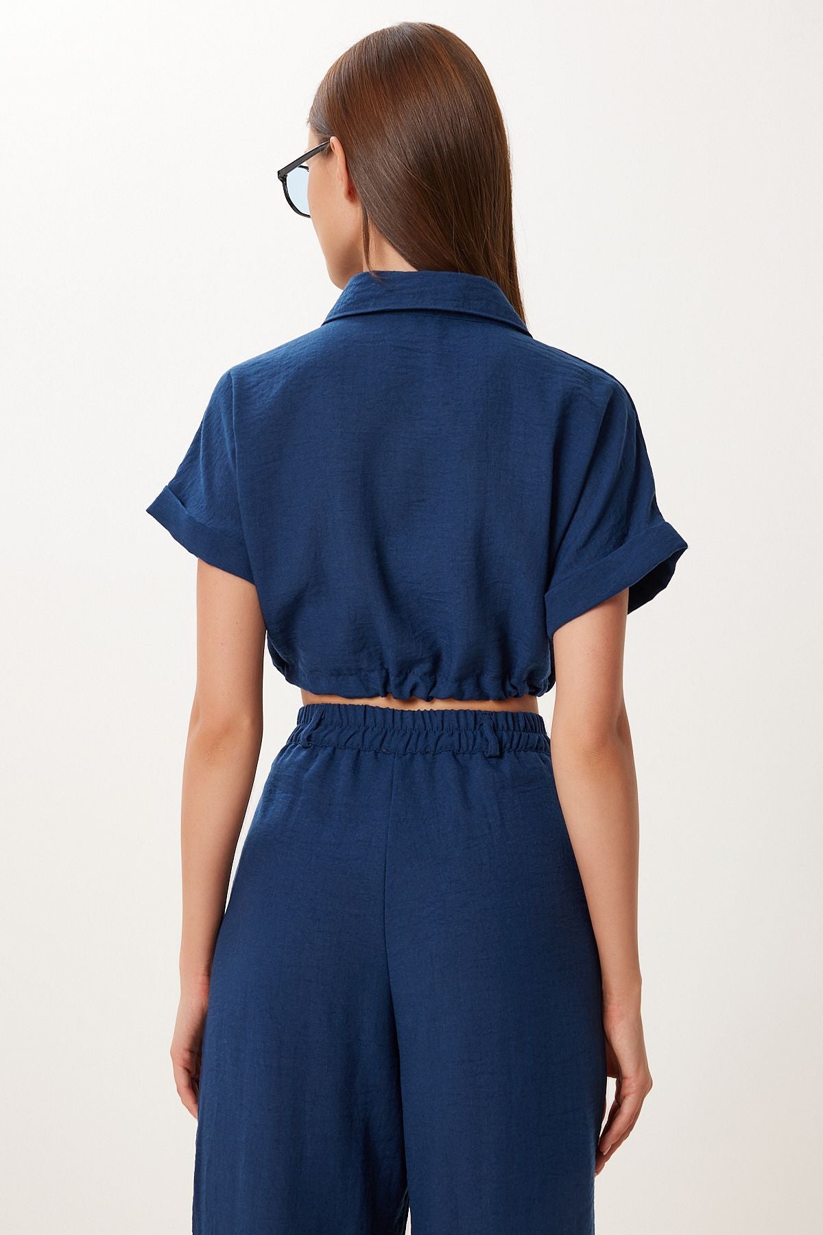 Lacivert Keten Crop Gömlek Pantolon Takım BV00149