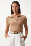 Camel Polo Yaka Hafif Transparan Triko Bluz  FN03211
