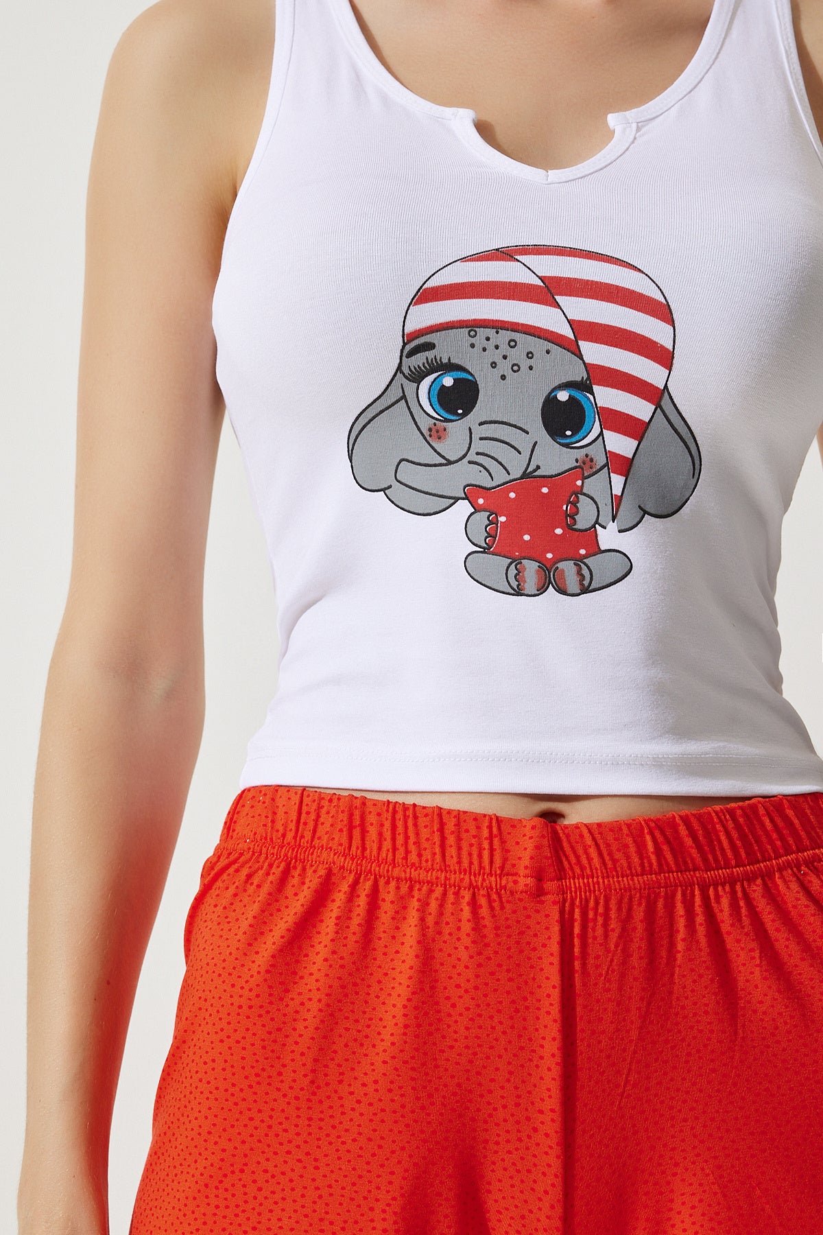 Beyaz Oranj Baskılı Atlet Şort Pijama Takımı CE00093