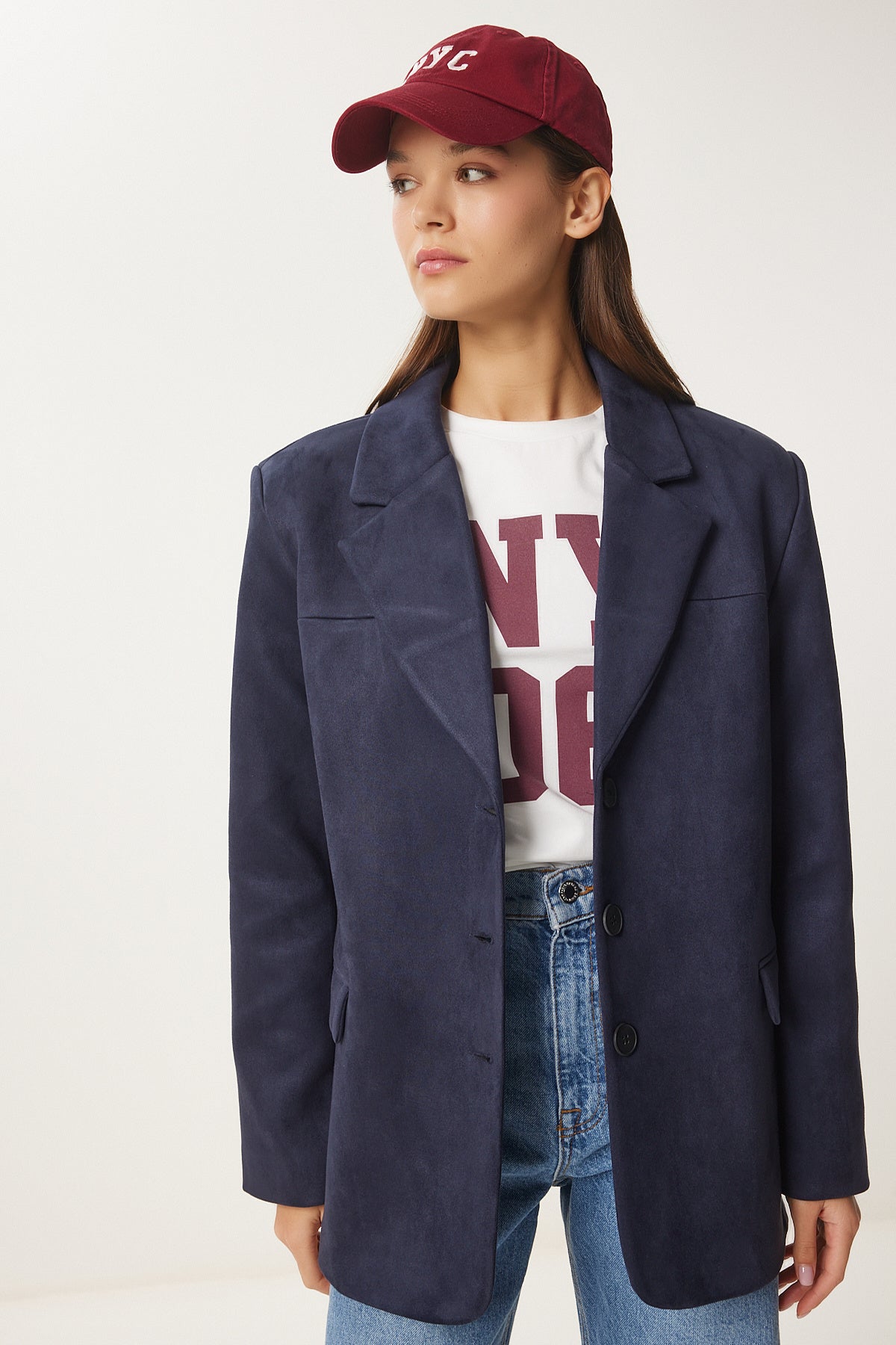 Koyu Lacivert Premium Süet Blazer Ceket FN03443