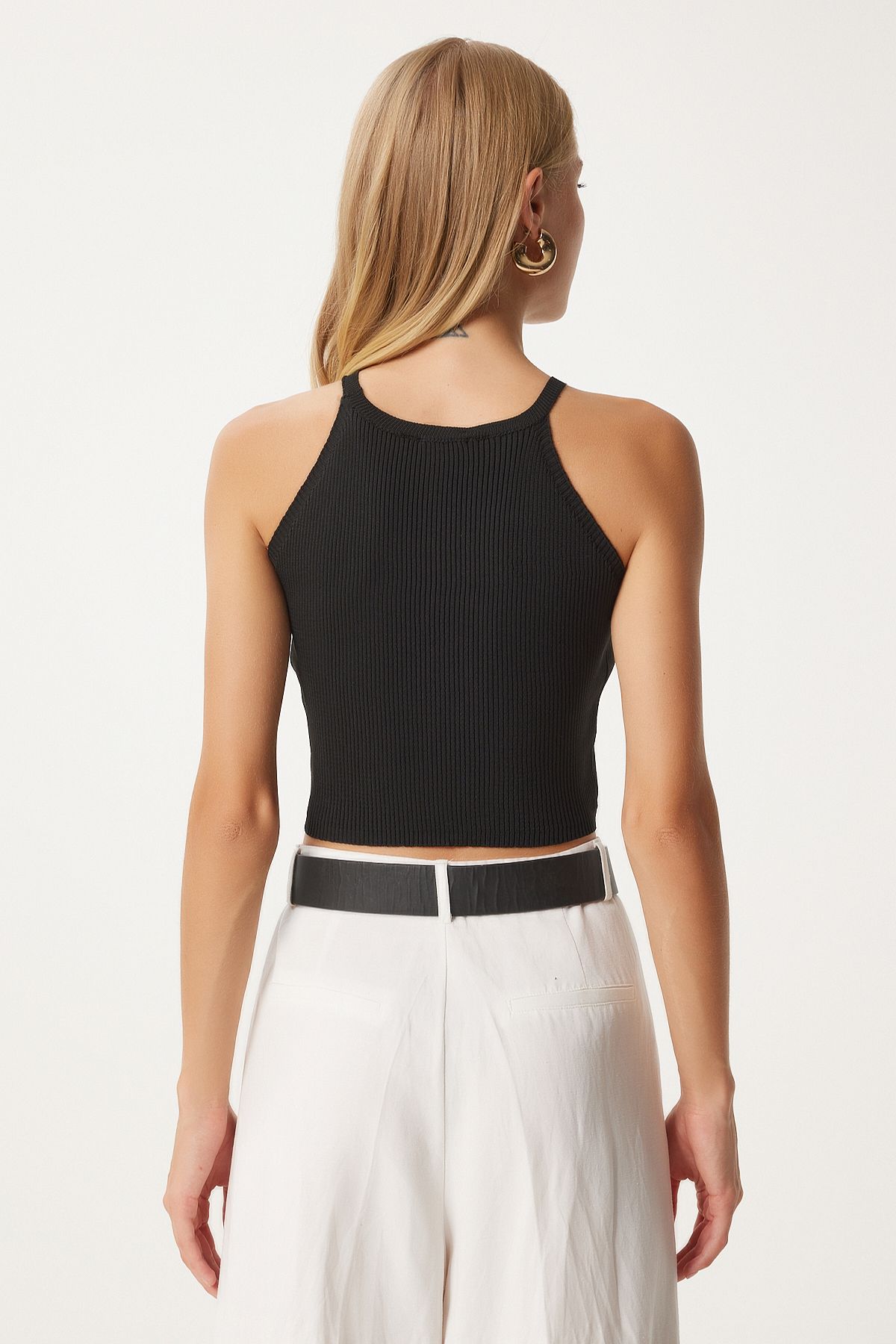Siyah Halter Yaka Crop Triko Bluz  FN03341