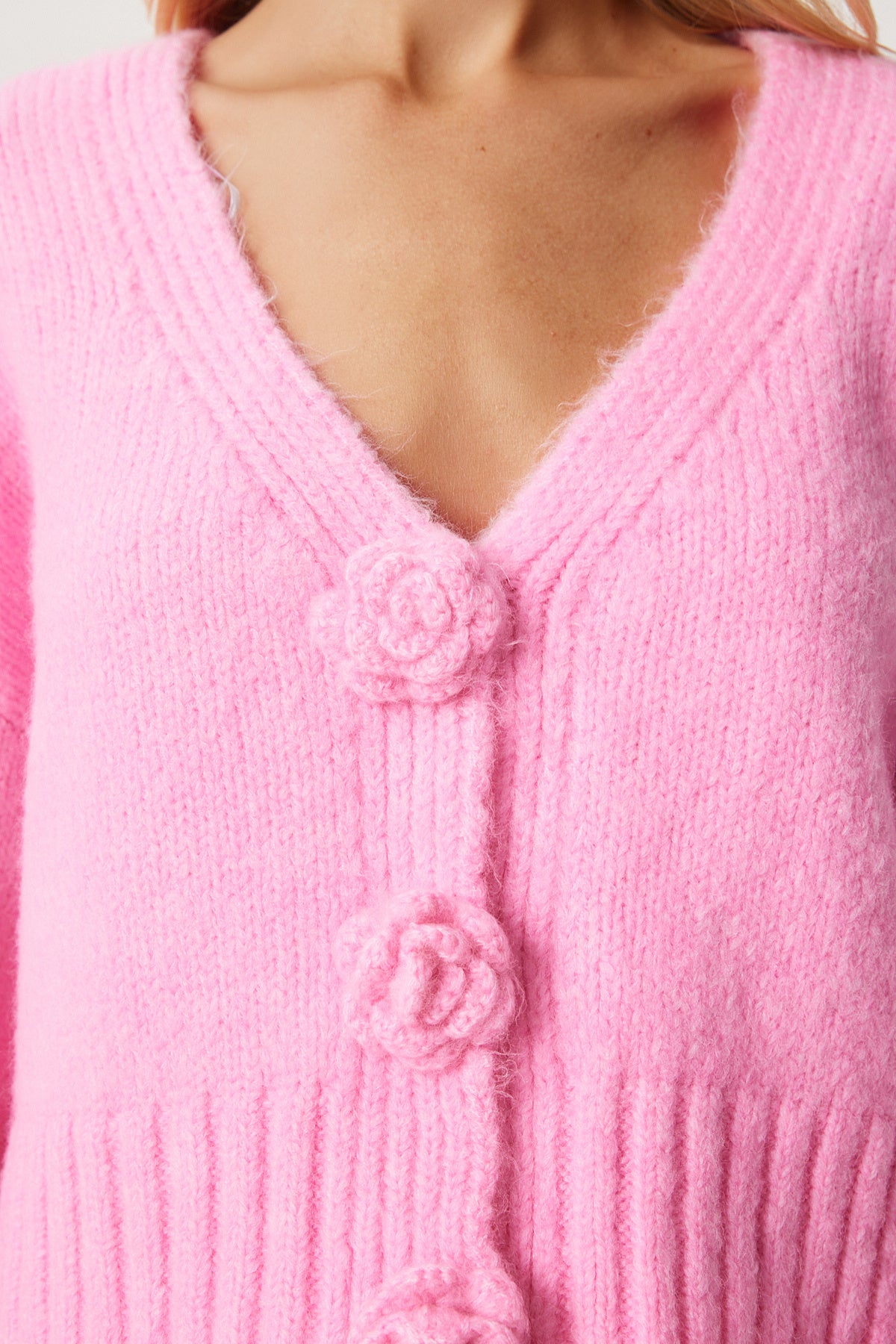 Pembe Ponpon Çiçek Detaylı Triko Hırka PF00078