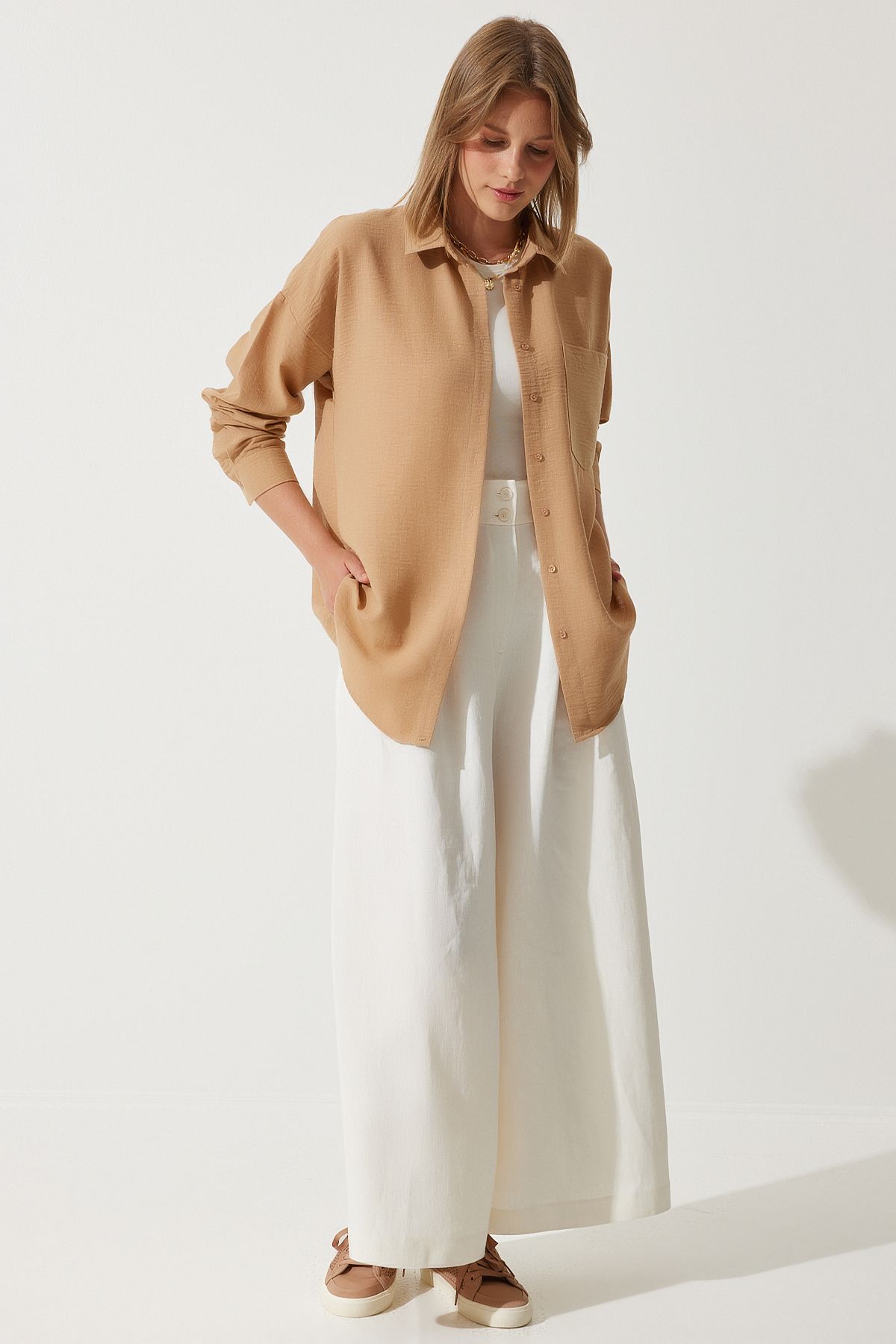 Bej Oversize Keten Ayrobin Gömlek DD01222