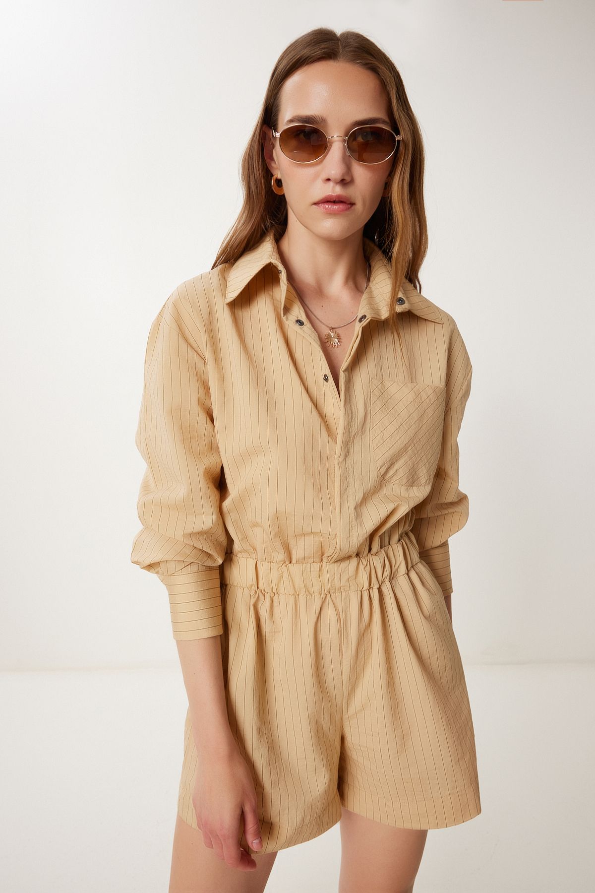 Camel Çizgili Dokuma Mini Şort Tulum WF00128