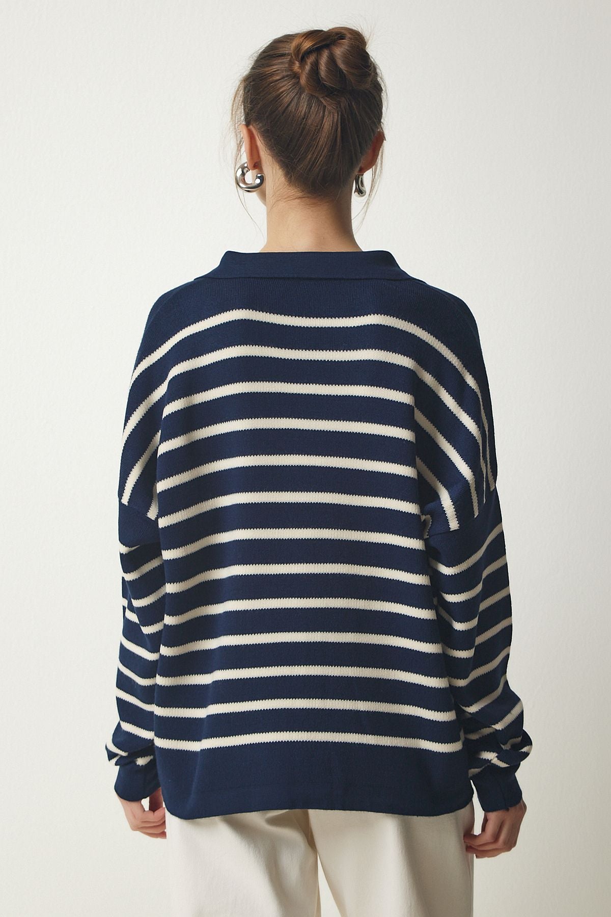Lacivert Polo Yaka Crop Triko Kazak  US00293