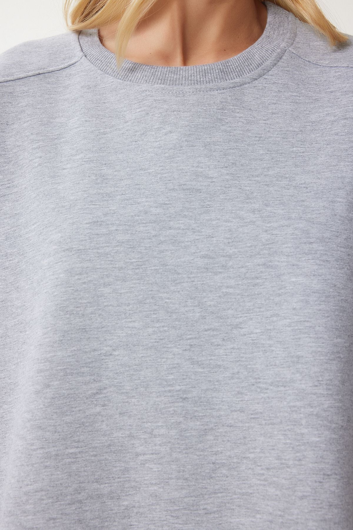 Gri Melanj Bisiklet Yaka Oversize Örme Eşofman Takımı FN03456