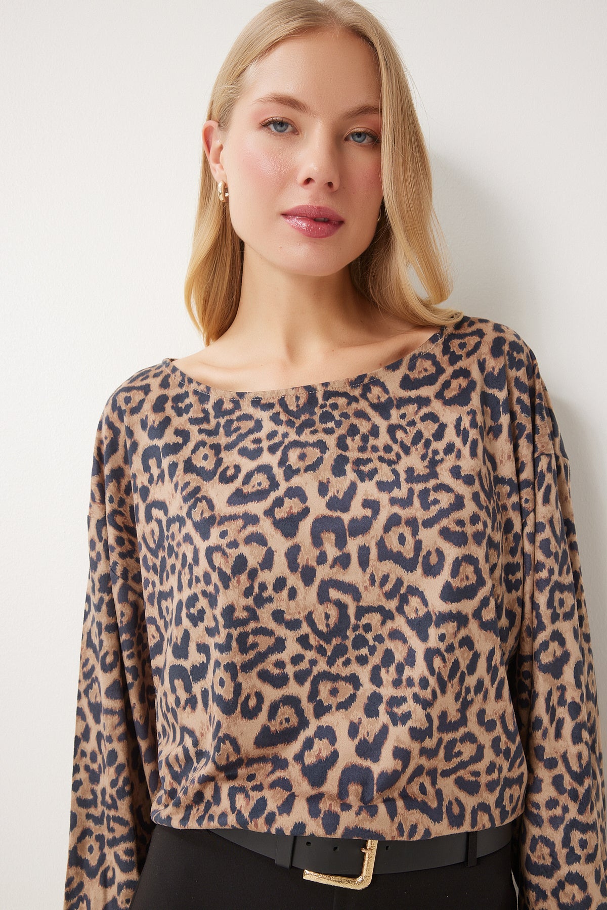 Siyah Bej Leopar Desenli Bluz FN03402
