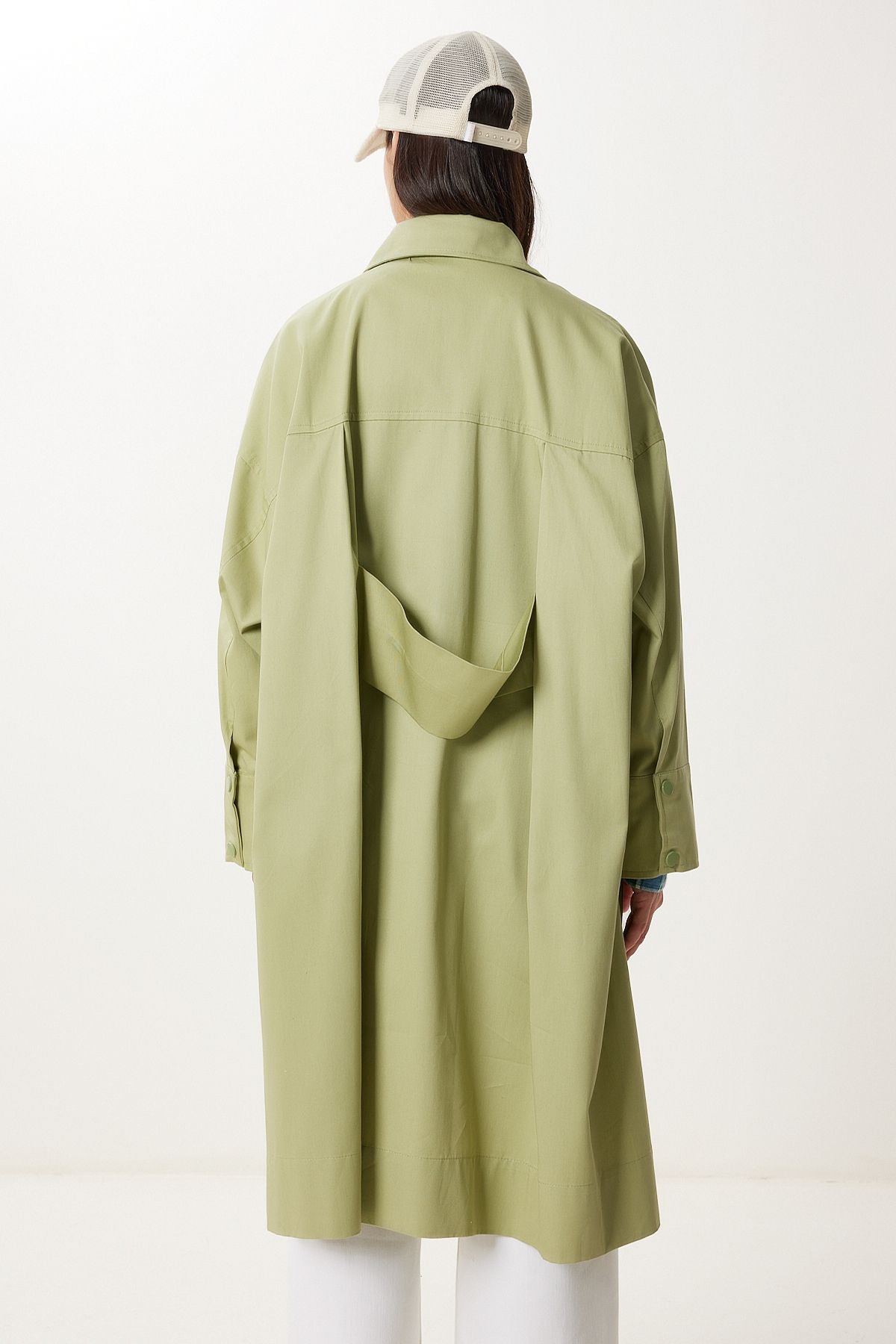 Çağla Yeşili Fermuarlı Oversize Dokuma Trençkot FG00052