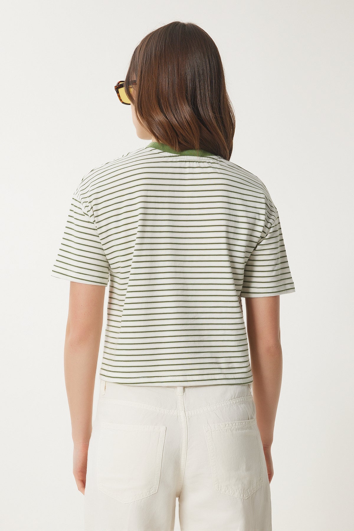 Yeşil Kemik Nakışlı Çizgili Pamuklu Örme T-Shirt CR00447