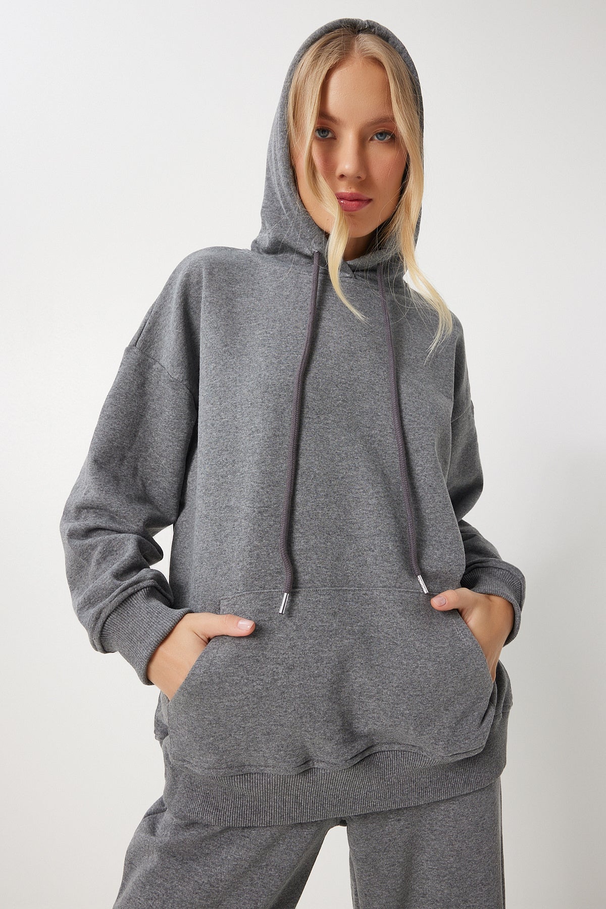 Antrasit Kapüşonlu Sweatshirt Jogger Oversize Örme Eşofman Takımı PYS0027