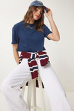 Lacivert Pamuklu Crop Örme T-Shirt CR00443