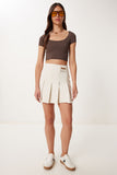 Krem Pileli Mini Gabardin Etek ZH00055
