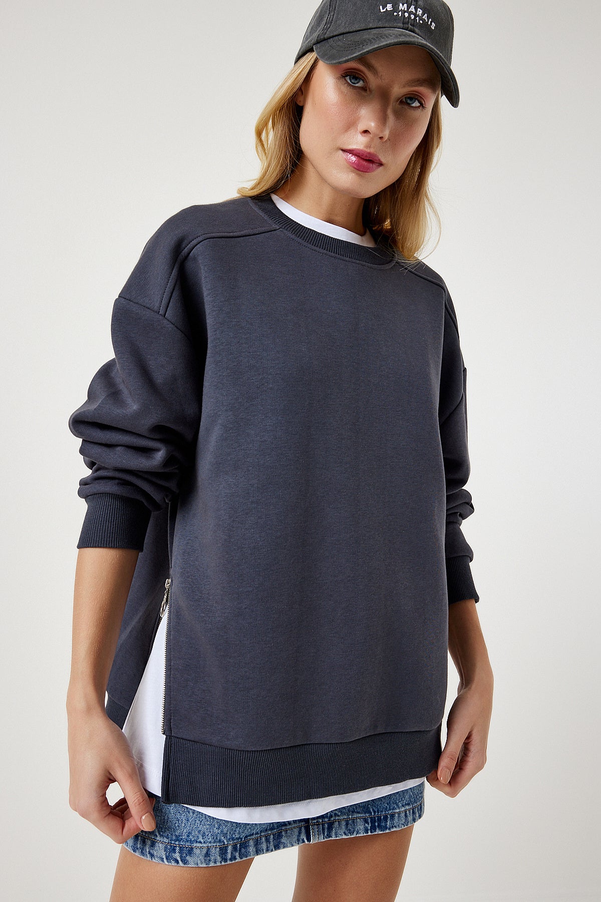 Antrasit Fermuar Detaylı Şardonlu Örme Sweatshirt UB00148