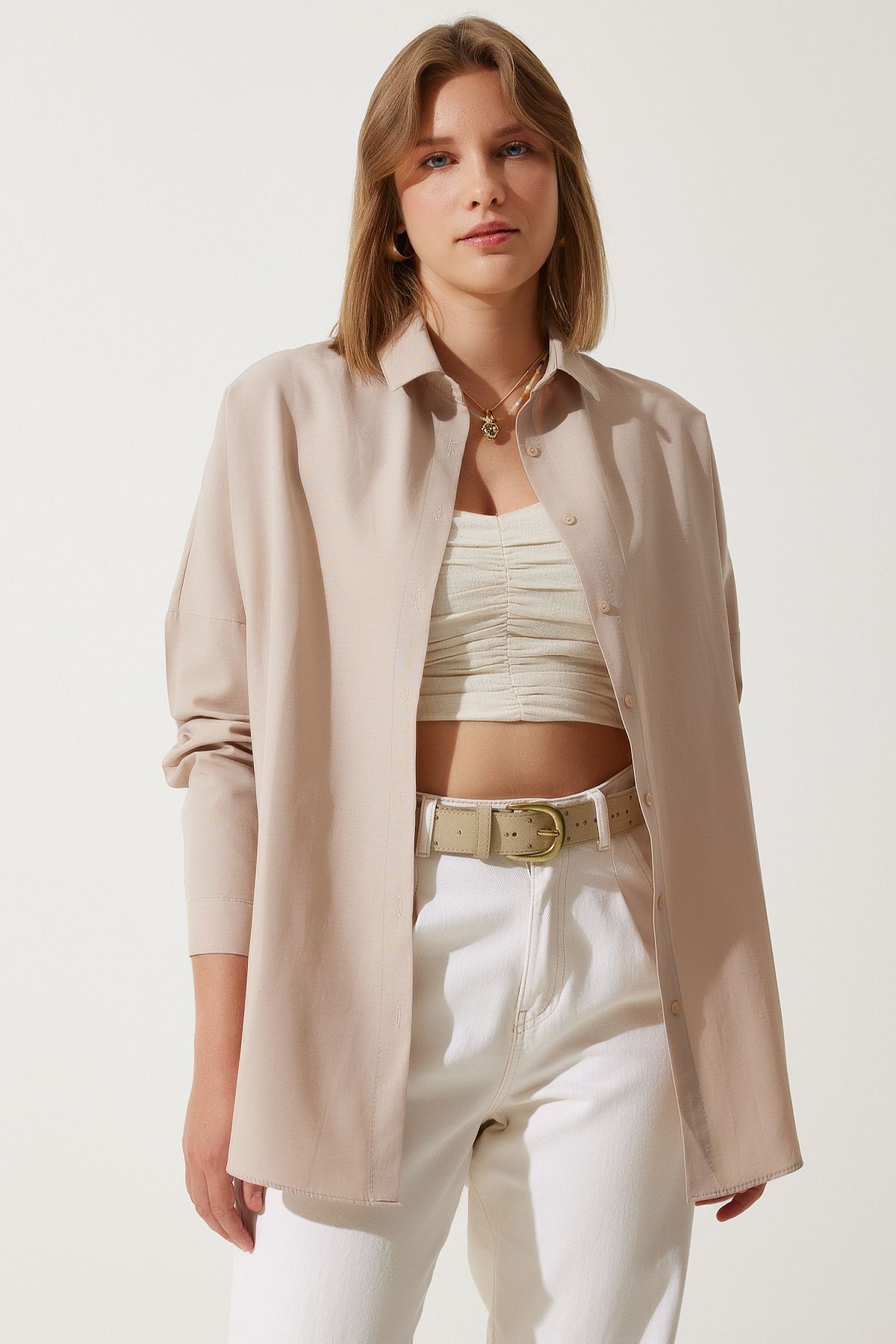 Bisküvi Oversize Uzun Basic Gömlek  DD00842