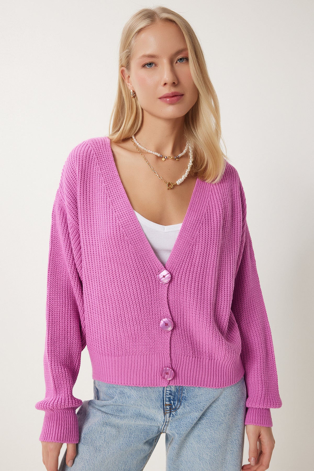 Pembe V Yaka Düğmeli Triko Hırka MX00175