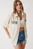 Krem Nakışlı Cepli Oversize Keten Ayrobin Gömlek RG00031