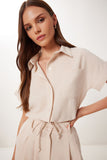 Krem Keten Crop Gömlek Pantolon Takım BV00149