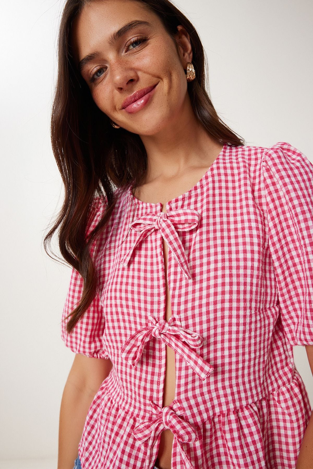 Pembe Kareli Bağlama Detaylı Keten Bluz TP00094