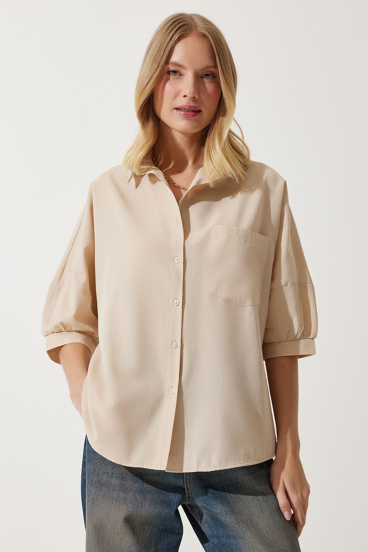 Krem Balon Kollu Poplin Gömlek DD01308