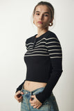 Siyah Krem Düğmeli Yaka Fitilli Crop Triko Bluz NF00077