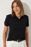 Siyah Polo Yaka Hafif Transparan Yazlık Triko Bluz YY00209