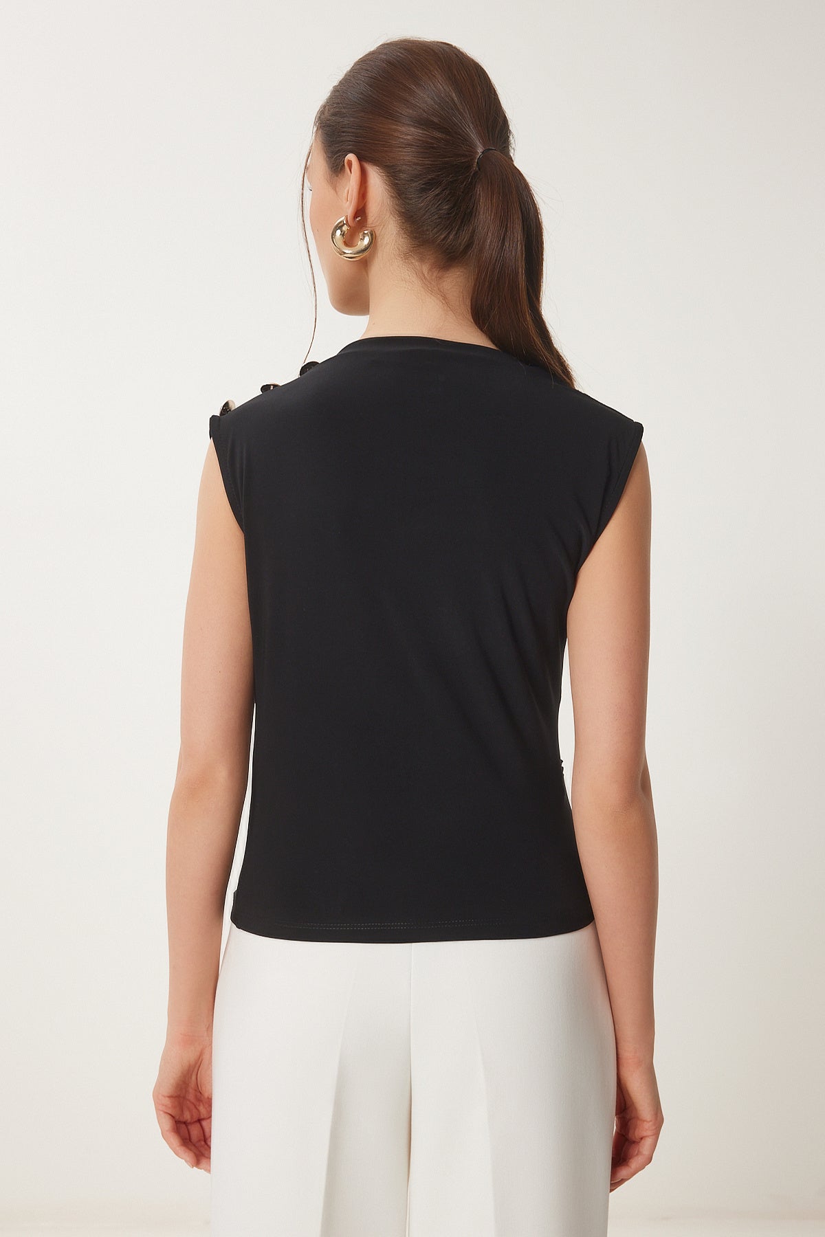 Siyah Drape Detaylı Düğmeli Sandy Bluz RX00056