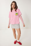 Pembe Nakış Cepli Pamuklu T-Shirt CR00450