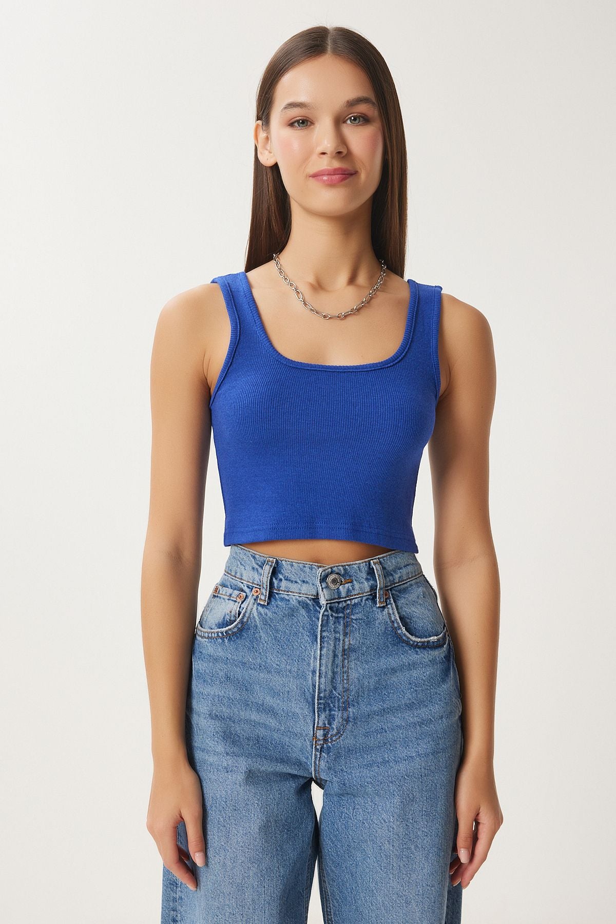 Koyu Mavi Askılı Fitilli Crop Örme Bluz GT00030