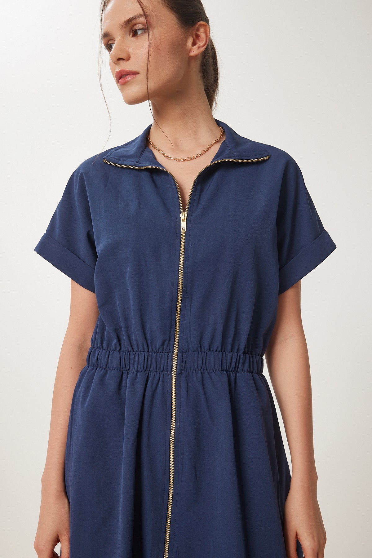 Lacivert Fermuarlı Midi Poplin Elbise UB00375